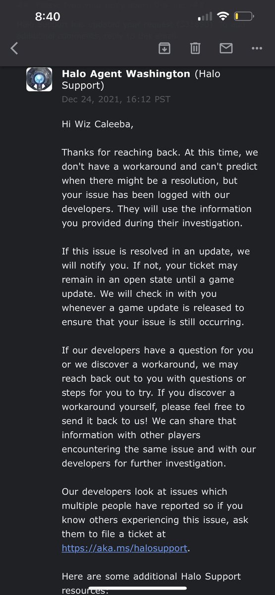caleebaa's tweet image. Just posting this here for anyone else that’s missing their HCS twitch drops !!! I’ve had a back and fourth convo explaining that I had my twitch account connected / the halo waypoint bug where your account was displayed as “…” this was the final reply I got from 343  #halo