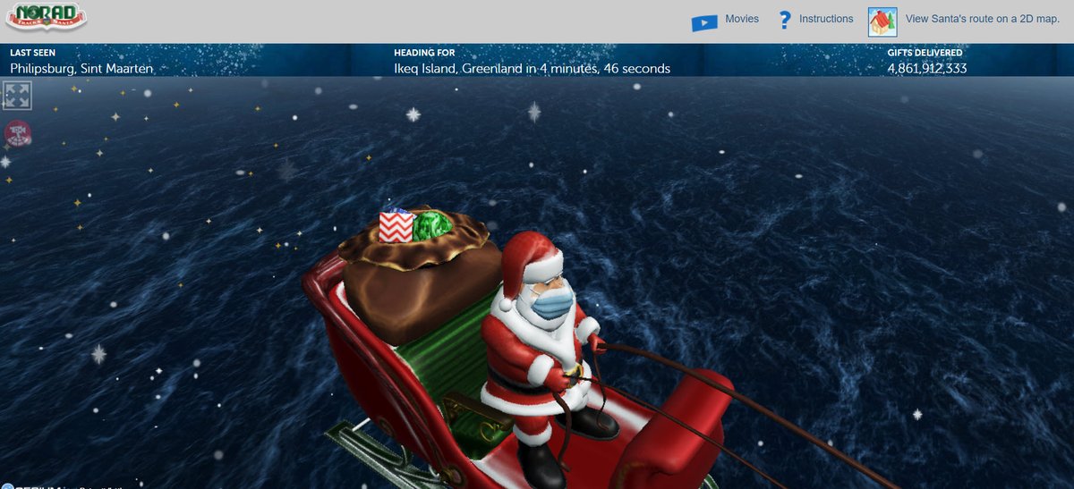 I love it that the NORAD Santa Tracker shows Santa wearing his mask. #NORADTracksSanta