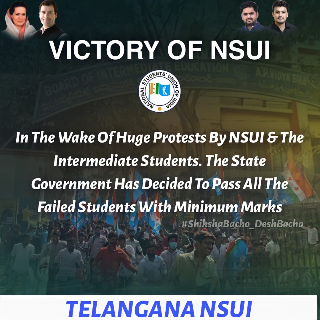 Another feather in the cap of NSUI

After the continues Protests by Telangana NSUI &amp; Intermediate Students, The State Government of Telangana has decided to pass all the Failed students with Minimum Marks.
#ShikshaBachaoDeshBachao
