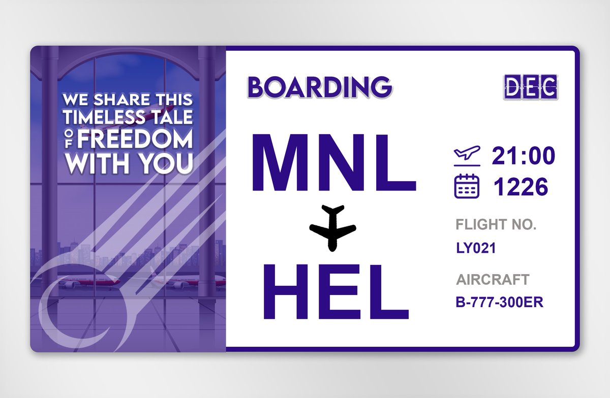 ͏͏͏͏͏͏
͏͏͏͏͏͏
͏͏͏͏͏͏
FLIGHT NO. LY021
Manila to Helsinki
12/26/21, 21:00:00
͏͏͏͏͏͏         
͏͏͏͏͏͏
͏͏͏͏͏͏