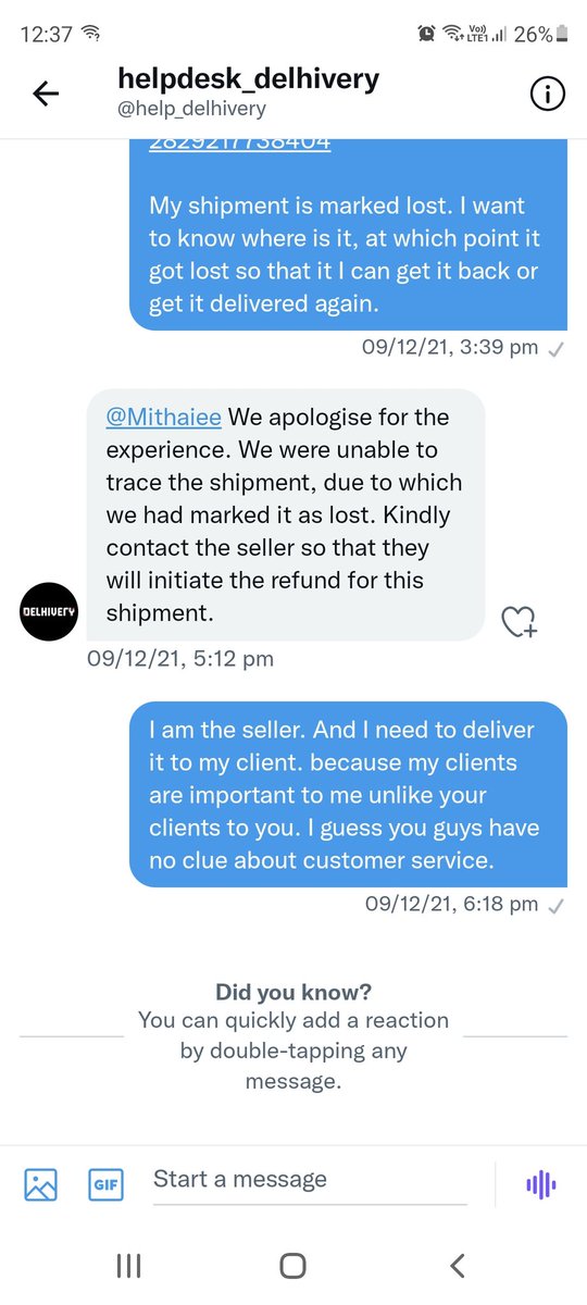 Mithaiee's tweet photo. @help_delhivery still no remedy..even the money was not refunded. Bull shit company https://t.co/XOWNGDcgNc