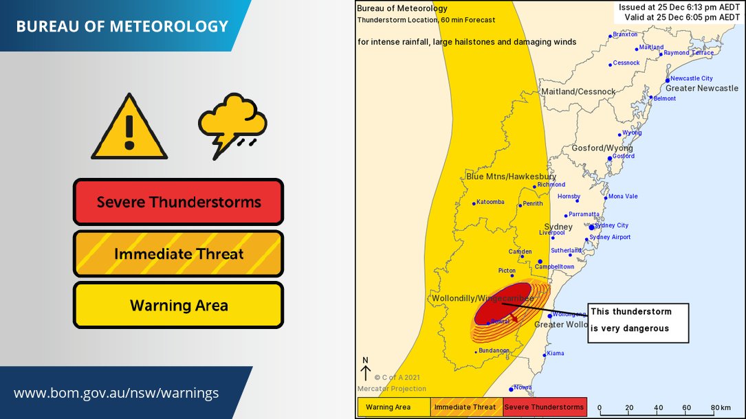 BOM_NSW's tweet photo. UPDATE: Very Dangerous Thunderstorm identified on radar near #Bargo, with the potential to produce #intense #rainfall, large #hail and damaging #wind gusts. This cell is forecast to slowly move southwards. See https://t.co/3xAjvl6nhy for latest warning. https://t.co/yuJ8tJ2YK4