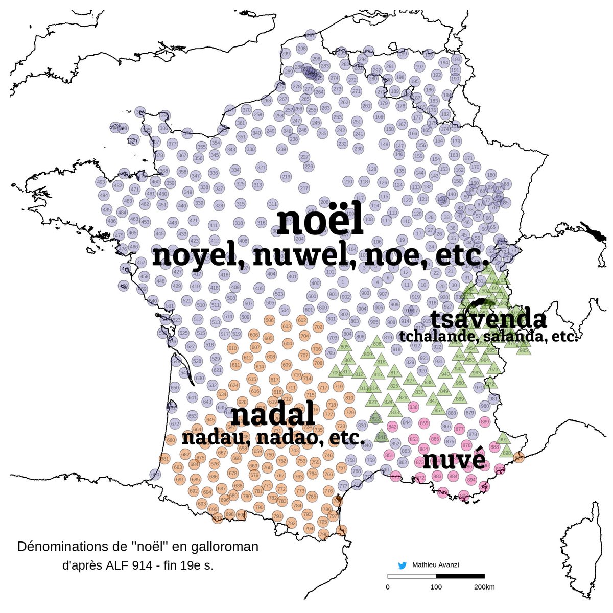 MathieuAvanzi's tweet photo. Comment disait-on #noël dans les parlers galloromans, vers la fin du 19e s. ? Presque partout, ce sont des continuateurs du latin #natalis ("naissance") [carte signale différents traitements de -t- intervocalique]. En francoprovençal, c'est #calendae ("convocation") qui a évolué https://t.co/ulboeuVuGz