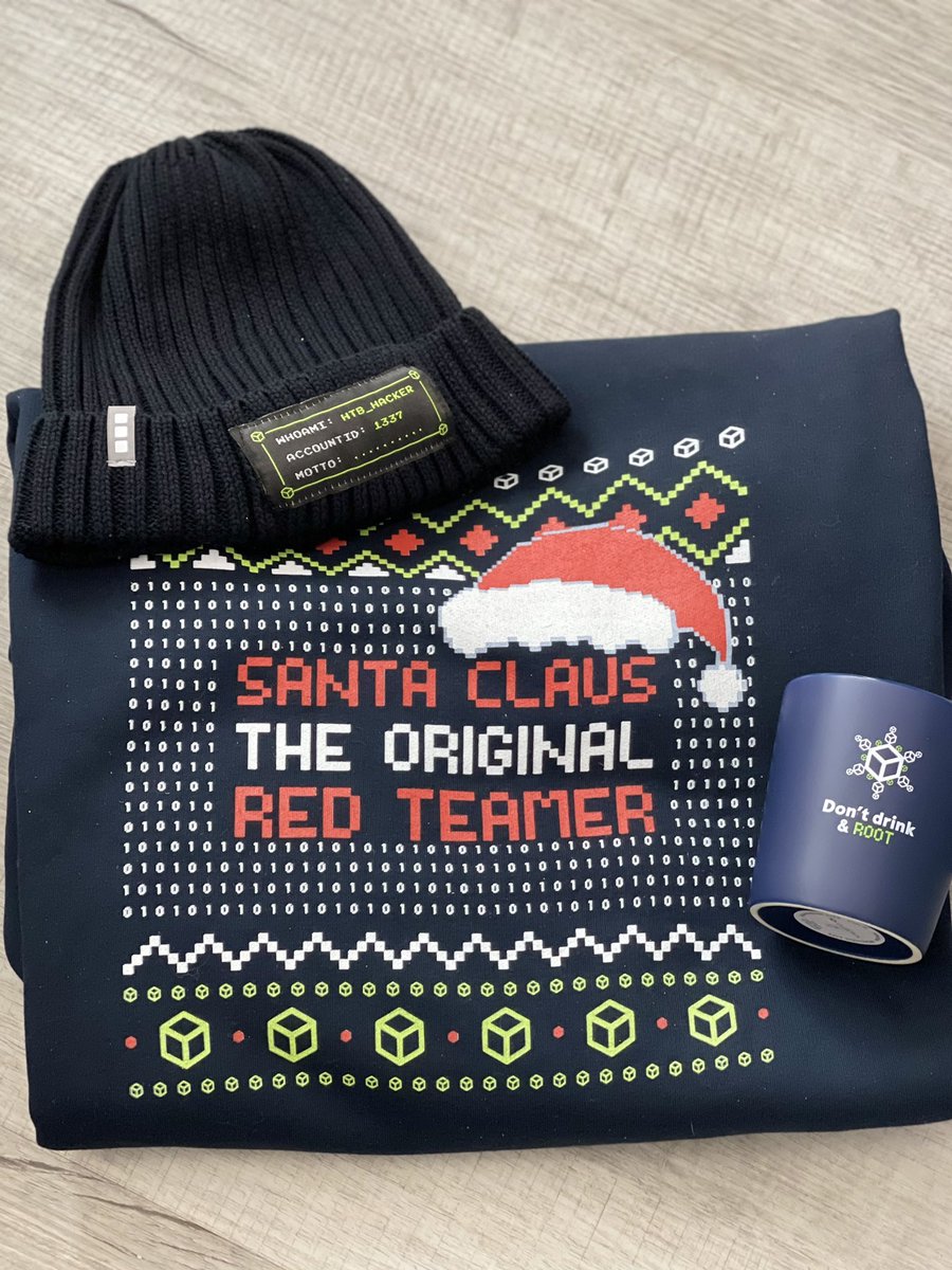 ChristianLappin's tweet photo. Best holiday #swag from @hackthebox_eu after participating in their Cyber Santa CTF challenge. Remember to “Don’t Drink and ROOT” Happy Holidays 🎄 Everyone!! #HackTheBox #cybersecurity #infosec #HackyHolidays https://t.co/jCLoyYCKT5