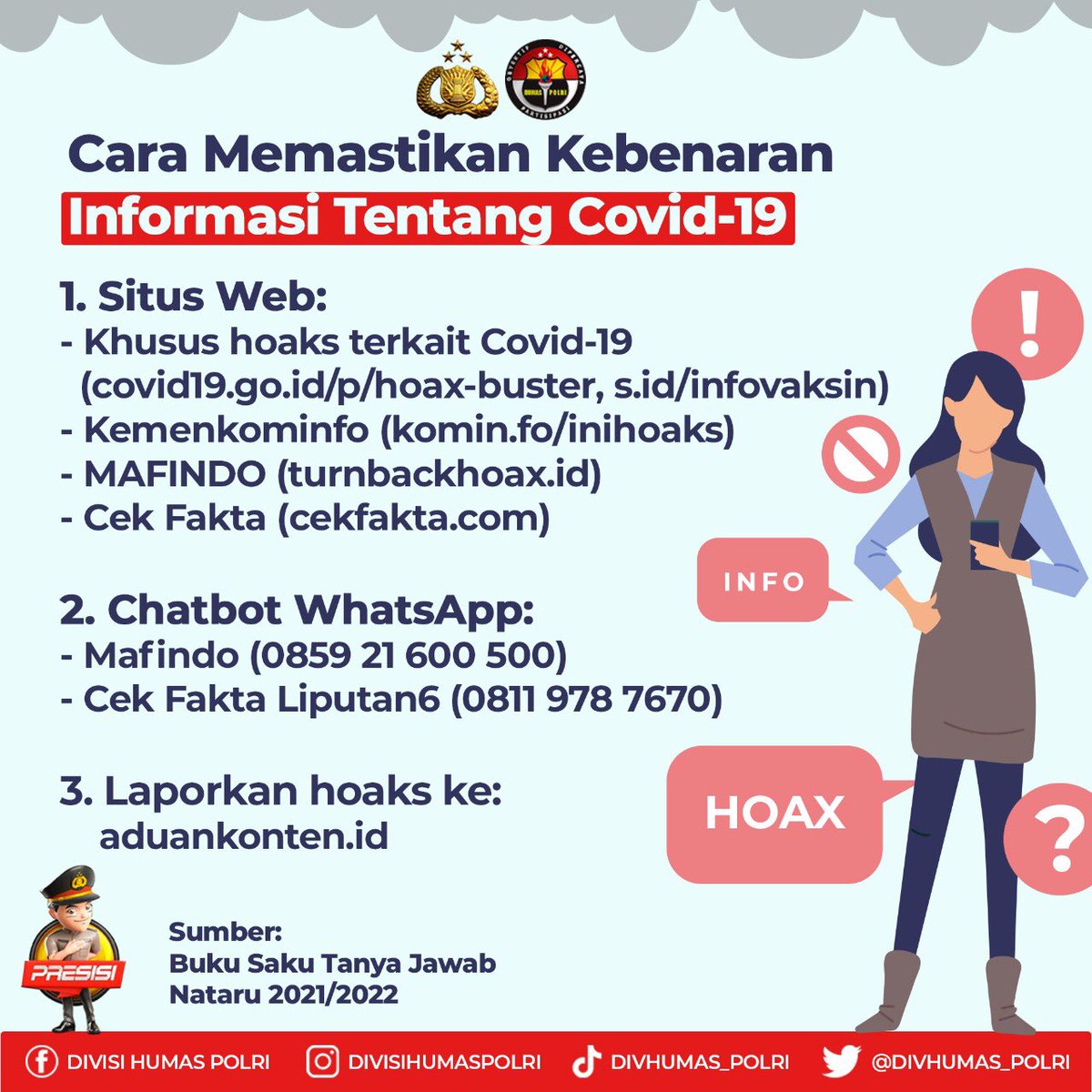 BabelBid's tweet photo. Cara Memastikan Kebenaran Informasi Tentang Covid-19

Salah satu cara dengan membuka situs web :
- Khusus hoaks terkait Covid-19 (https://t.co/uC3vsKPjXH, https://t.co/3XMJBSzbfL)
- Kemenkominfo (https://t.co/Vrvi7I8BaO)

#NataruTetapProkes
Vaksinasi 70persen https://t.co/sui8NyKksm