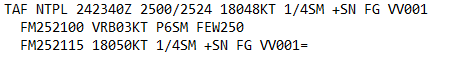 NWSHouston's tweet photo. One of our responsibilities is issuing aviation forecasts, called TAFs. Here's an interesting TAF we stumbled across, can you guess where it's from? It looks like flying conditions are terrible almost the entire forecast, but for 15 minutes where magically the weather is great! https://t.co/LzdAbq4GDG