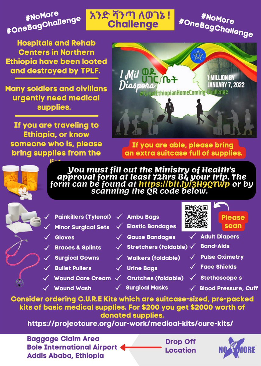 HermelaTV's tweet photo. REMINDER! #OneBagChallenge - These are the things that can help change lives and heal people. If you are taking part in the #GreatEthiopianHomeComing - please consider taking some of these medical items. #NoMore https://t.co/lQdp74Vcqf