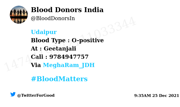 BloodDonorsIn's tweet photo. #Udaipur
Need #Blood Type :  O-positive
Number of Units : 2
Primary Number : 9784947757
Via: @MeghaRam_JDH
#BloodMatters
Powered by Twitter https://t.co/vYjarckTwZ