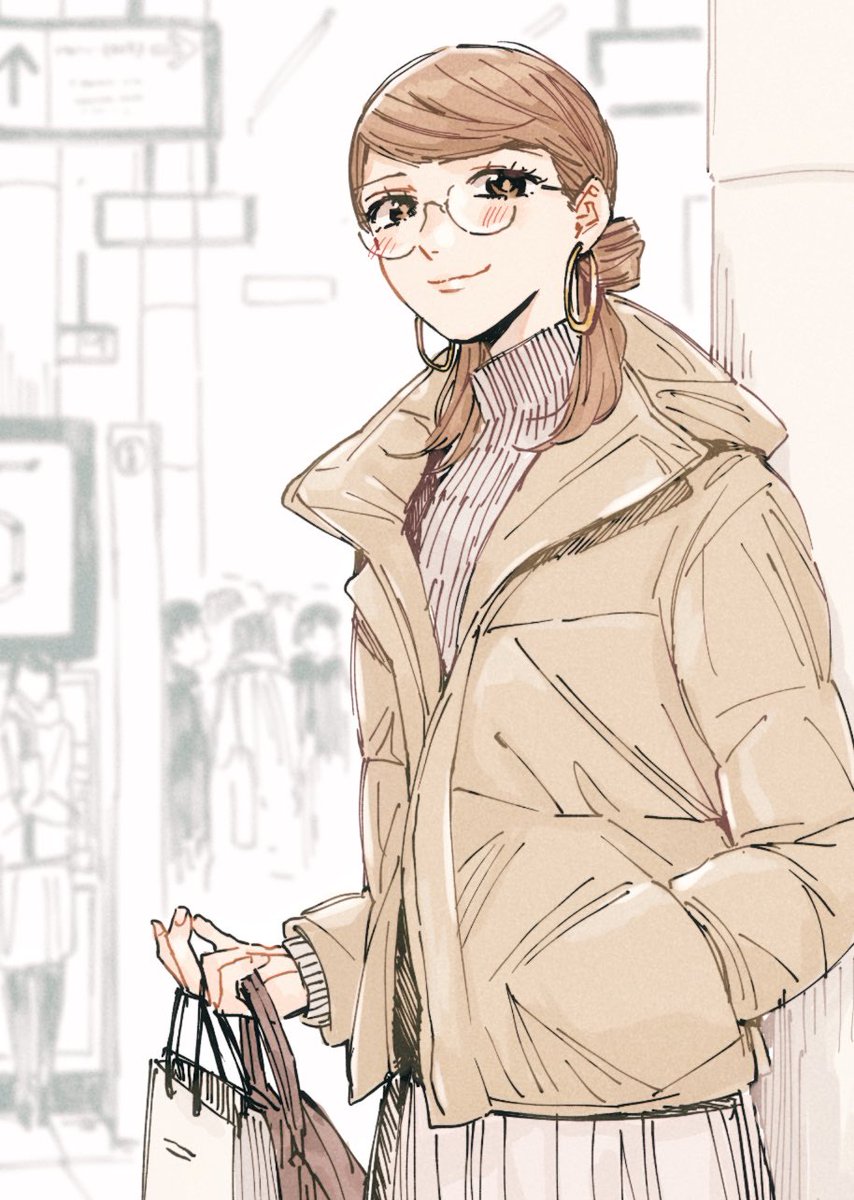 glasses earrings jewelry brown hair bag smile 1girl  illustration images