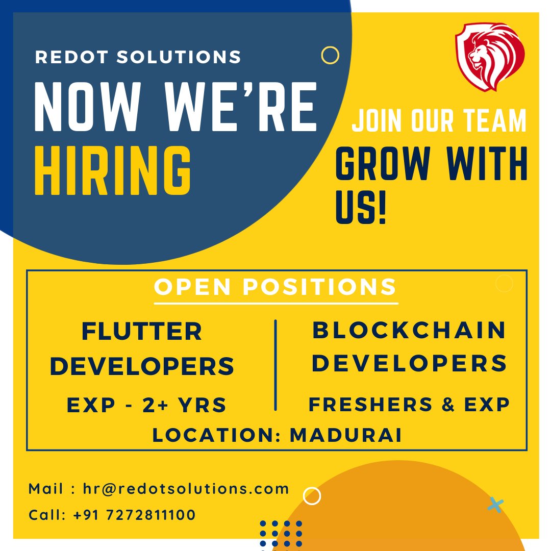 RedotSolutions's tweet image. 𝗨𝗥𝗚𝗘𝗡𝗧 𝗛𝗜𝗥𝗜𝗡𝗚!!!!  𝗔𝗽𝗽𝗹𝘆 𝗡𝗼𝘄!!
Grow Your Career with Us !
Here is a best way to grow yourself.
Drop your resume at : hr@redotsolutions.com
Enroll your name via call/WhatsApp  :+91 7272811100
#hiring #jobs #recruitment #jobsearch #job #nowhiring #recruiting