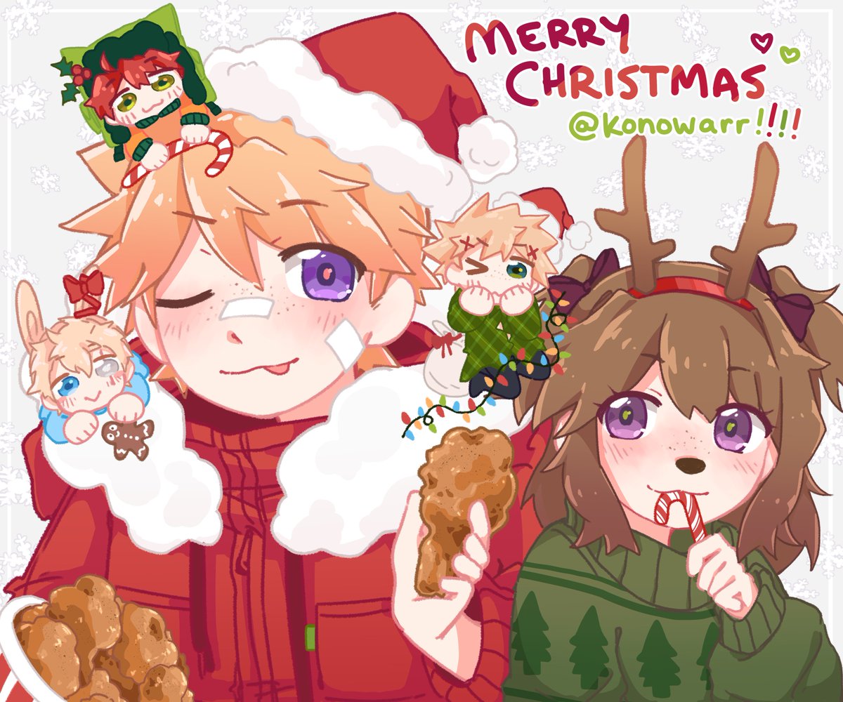 i’m a little late, but just in time for christmas! happy holidays to @konowarr, i’m your secret santa this year ❤️💚❤️💚 i hope you like your present!! a cute and christmas-y kenny & friends
