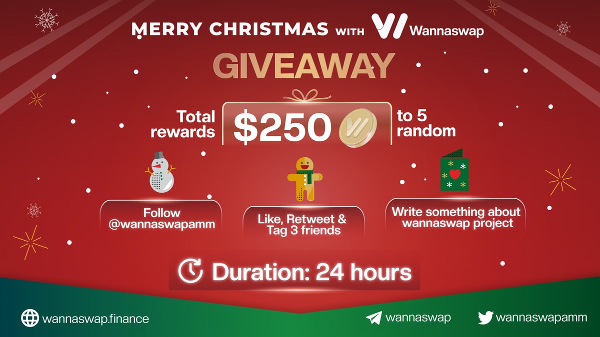 Merry #Christmas, Wannatics! 🎄🎄🎄
We would like to giveaway randomly 250 $WANNA to 5 lucky guys who completed tasks: 
👉 Like, RT.
👉 Follow our twitter.
👉 Write something &amp; tag 3 friends.
⏰ Duration: 24h.

#MerryChristmas #wannaswap #wanna $WANNA