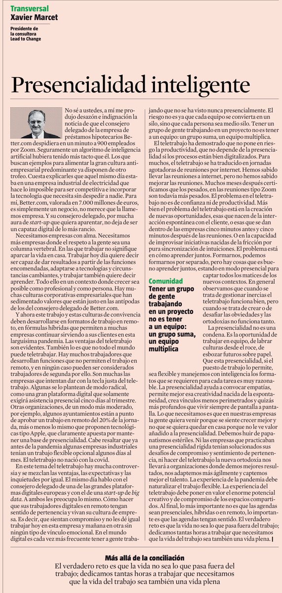 Xavier Marcet (@xaviermarcet) on Twitter photo Presencialidad inteligente
Hoy en mi artículo de <a href="/LaVanguardia/">La Vanguardia</a> defiendo la presencialidad inteligente, más allá del teletrabajo como nueva ortodoxia de las organizaciones. Feliz Navidad Presencialidad inteligente
Hoy en mi artículo de <a href="/LaVanguardia/">La Vanguardia</a> defiendo la presencialidad inteligente, más allá del teletrabajo como nueva ortodoxia de las organizaciones. Feliz Navidad