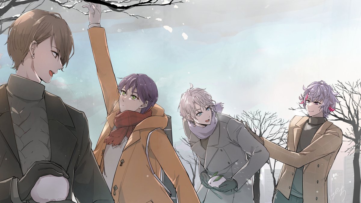 multiple boys purple hair scarf male focus snowball 4boys gloves  illustration images