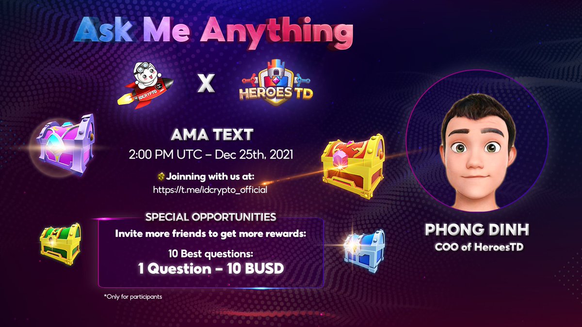 We have to announce that we have a re-scheduled AMA with ID CRYPTO 
(from AMA VOICE at 1. PM UTC - 23rd Dec to AMA TEXT at 2. PM UTC - 25th Dec)

Join our AMA with IDCRYPTO at  9 PM (UTC+7), December 25th, 2021.
#heroestd #nftgame #idcrypto