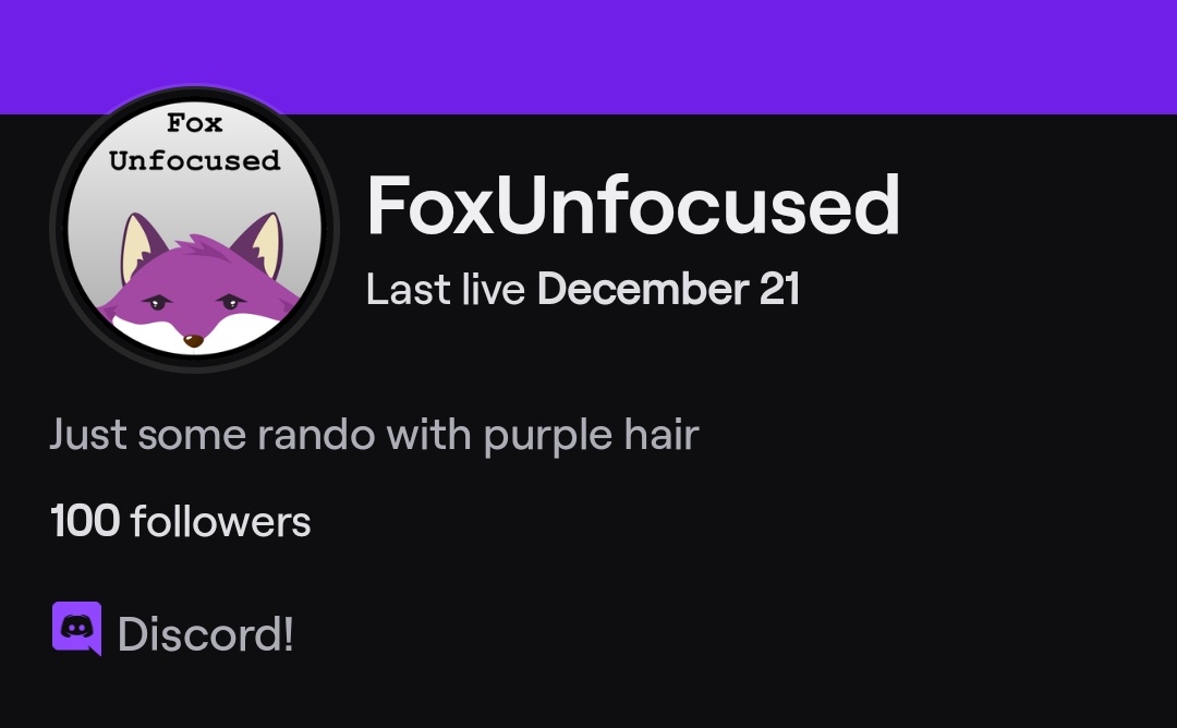 FoxUnfocused's tweet image. 100 follows! Thanks everyone for this amazing present! 💜