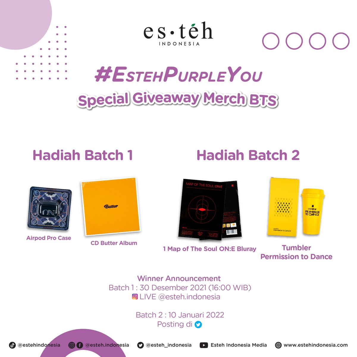 Annyeong Warga Esteh..

GIVEAWAY Special di twitter nih! GRATIS Official Merchandise #BTS khusus kamu yang jajan Esteh Taro/Chizu Taro, dan posting fotonya + captionnya gombalin member BTS favorit pakai kata ESTEH. 

Jangan lupa hahstag #EstehPurpleYou juga yaaa!
*Cek tnc lainnya