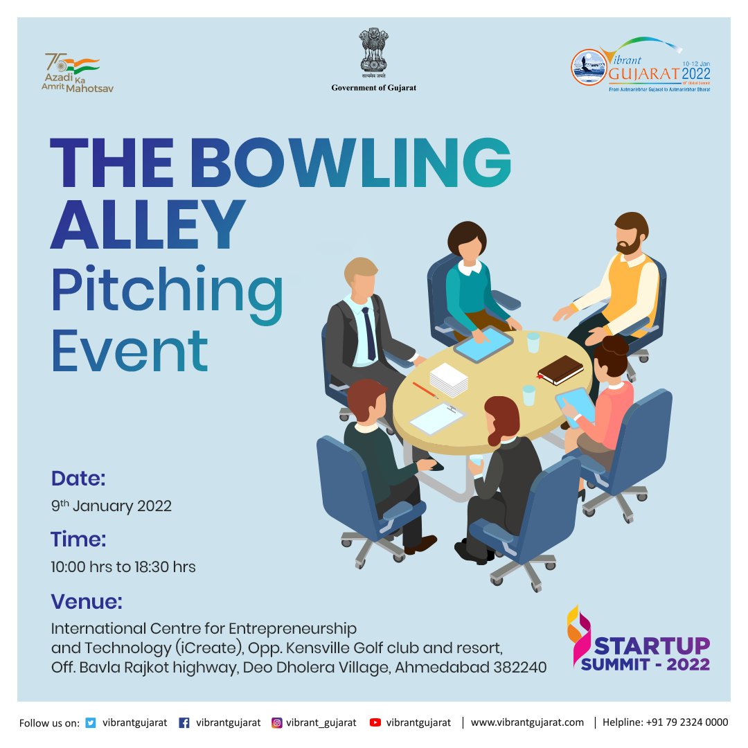 Get set to bowl your ideas at 'Bowling Alley: Pitch Event' of pre-summit 'Startups: Inspiring Disruptive Innovations' at #VGGS2022.
Hurry! Registration ends TODAY!
Click on bit.ly/3ISRWM8 to register!

<a href="/PMOIndia/">PMO India</a> <a href="/CMOGuj/">CMO Gujarat</a> <a href="/vgstartup/">Vibrant Gujarat Startup Summit 2022</a>