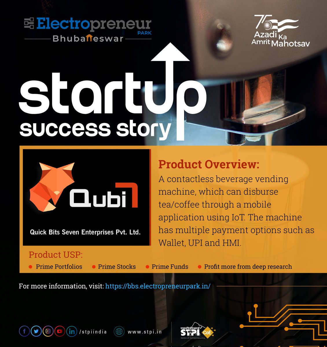 stpiindia's tweet photo. Quick Bits Seven Enterprises Pvt. Ltd., a startup at @stpiepbbs, has developed a contactless beverage vending machine, which can disburse tea/coffee through a mobile application using IoT. Explore now: https://t.co/QY7uEQB4AQ #STPIINDIA #STPICoEs #STPIEP #STPIStartupSuccessStory https://t.co/7OqdwL26EG