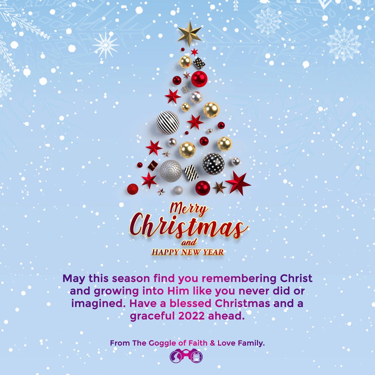 GoggleOfFaith's tweet photo. May this season find you remembering Christ and growing into Him like you never did or imagined.
Have a blessed Christmas and a graceful 2022 ahead
#goggleoffaith #christmas https://t.co/y9ydLaGm1e