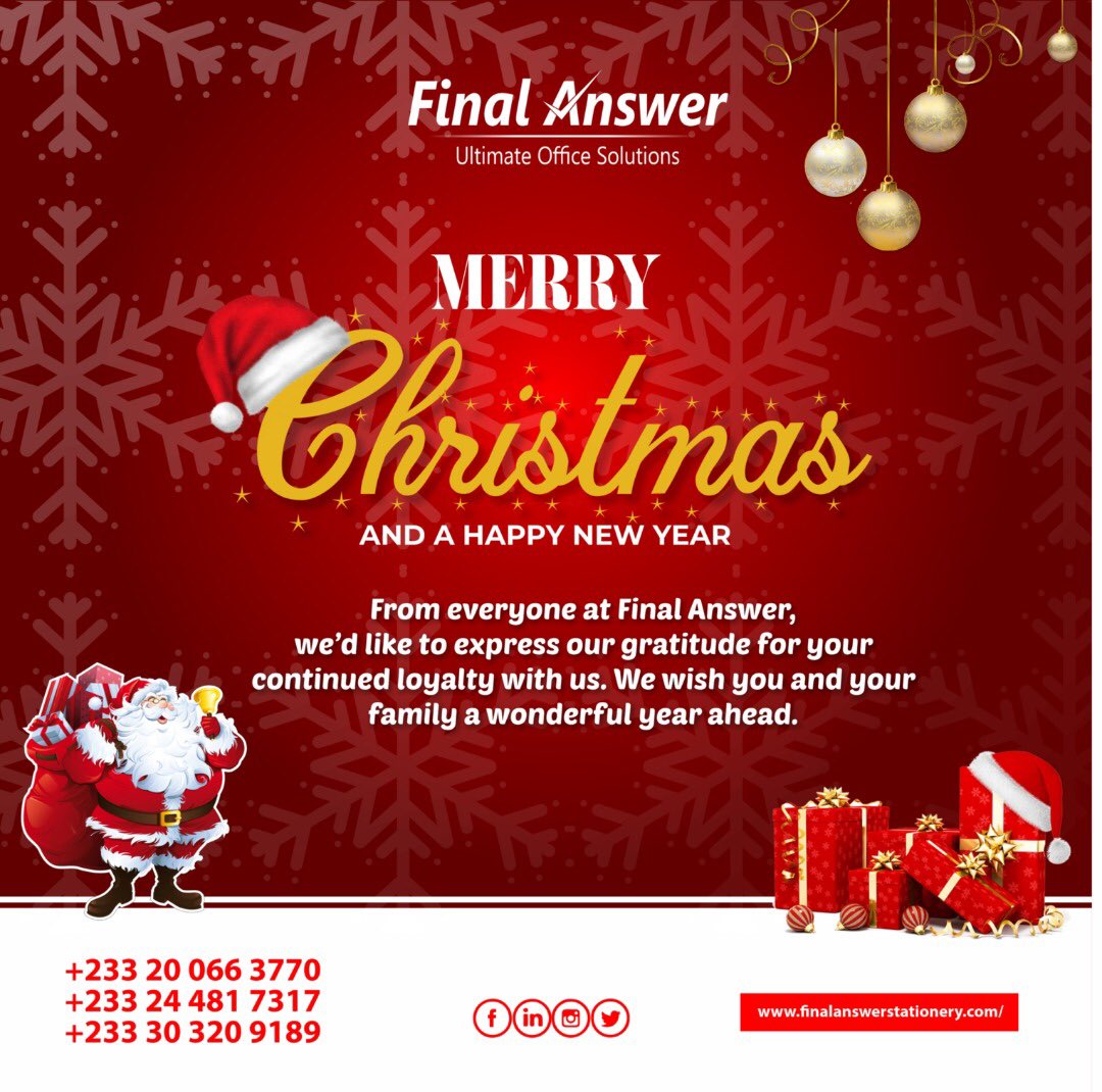 FinalStationery's tweet photo. Dear Valued Client,
We wish you a warm Merry Christmas 🎄 and a Prosperous New Year. 

Thanks for choosing Final Answer Stationery as your preferred ultimate solution in 2021.

We strive to do better in the coming year.

Stonebwoy 
#blacko #MadeInTaadiConcert #PromiseLand #kidi https://t.co/fjKfVA8tz7