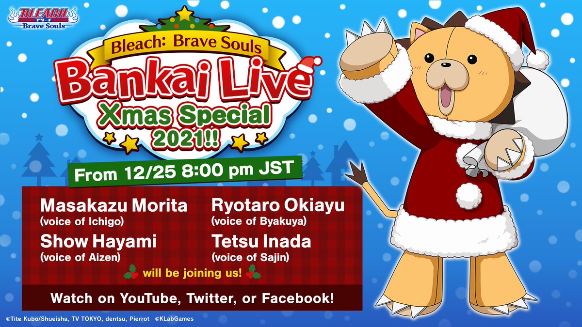 bleachbrs_en's tweet photo. Bleach: Brave Souls Bankai Live Xmas Special 2021!! is starting in about 30 mins!
Hear the latest game news, watch the time challenge segment, and more! Don't miss out! 

Details:
https://t.co/wGF4mAkwLb

#BankaiLive https://t.co/fX1dLULjjd