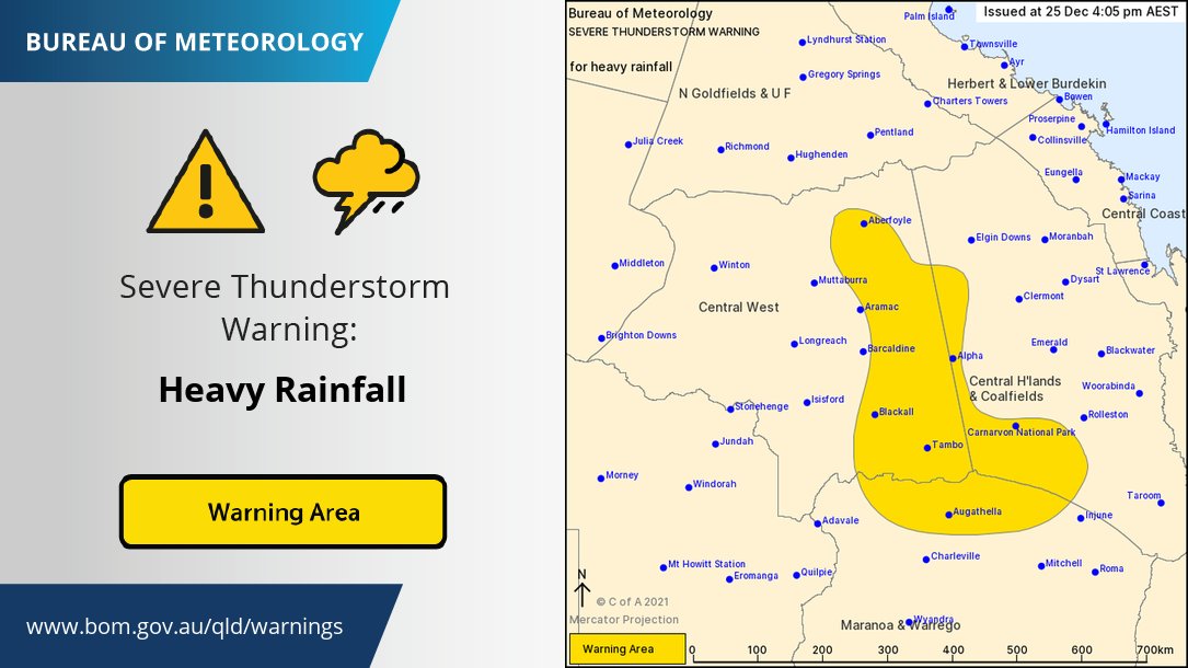 BOM_Qld's tweet photo. ⚠️⛈️Severe thunderstorm #warning issued for heavy rainfall in central #QLD including #Tambo, #Blackall, #Augathella, #Aberfoyle, and #Alpha. 48 mm was recorded in the 30 minutes to 3:45pm at Pindari. Details and updates: https://t.co/FBmpsInT9o https://t.co/anL5kp1NuA