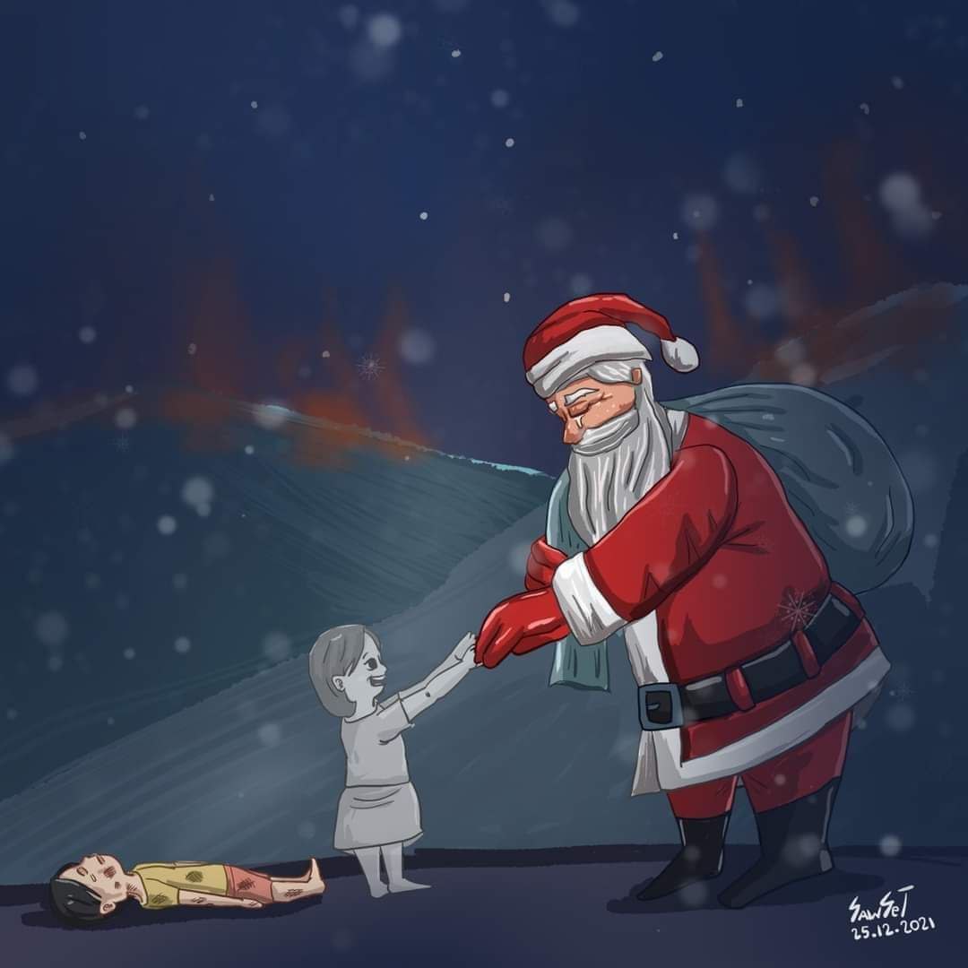 Dear Santa... We, #Myanmar people, want PEACE, DEMOCRACY &amp; HUMAN RIGHTS.   Artwork: Sawseltha  #Dec25Coup #PropagandaOfWorld #WhatsHappeningInMyanmar