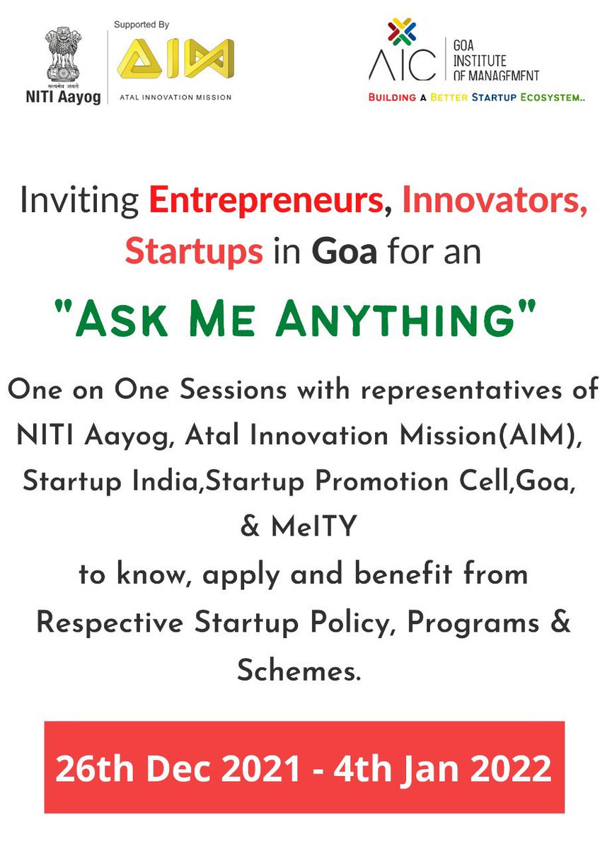 aicgim's tweet photo. Inviting Entrepreneurs,Innovators, Startups in #Goa for an “Ask Me Anything" One on One Sessions with representatives of @NITIAayog, @AIMtoInnovate,@startupindia, @Startup_Goa &amp; @MSH_MeitY to know, apply &amp; benefit from Respective Startup Policy, Programs &amp; Schemes.
#AtGoaForIndia https://t.co/lI6siTivb5
