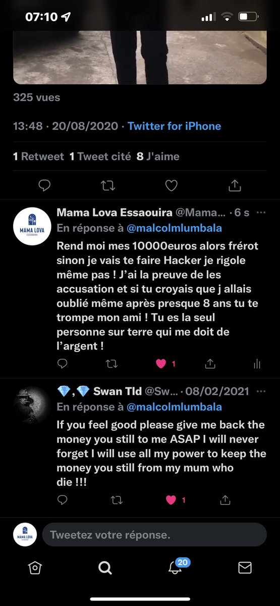 Mama__Lova's tweet photo. @malcolmlumbala juste rembourse moi je te lâcherais pas ça ne serre à rien de me bloquer et de continuer à mentir j’ai les messages et le virement quand tu étais au USA et que tu m’a fait croire jouer pour les Knicks !!!! https://t.co/Tjnadxq8Pz