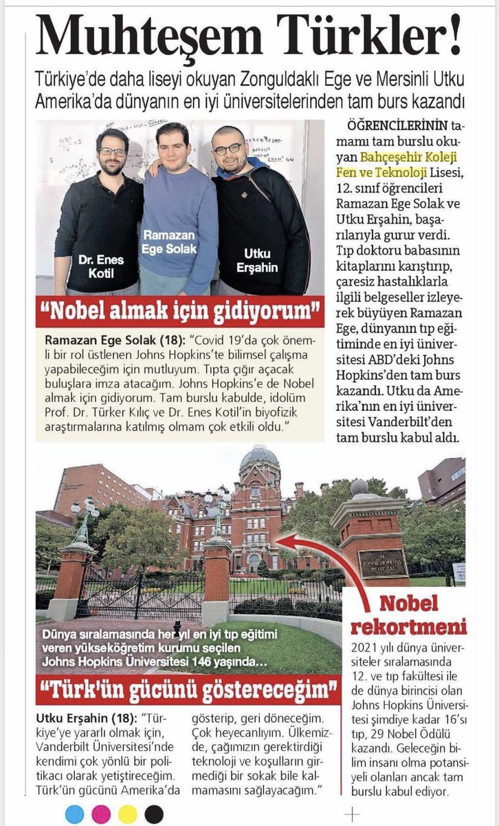 Bahçeşehir Koleji Fen ve Teknoloji Lisesi öğrencisi Ramazan Ege Solak ABD’nin ilk “Araştırma Üniversitesi”Johns Hopkins’ten, Utku Erşahin ise Vanderbilt Üniversitesi’nden tam burslu olarak kabul aldı. <a href="/gazetesozcu/">Sözcü</a> 

#bahçeşehirkoleji❤️💙