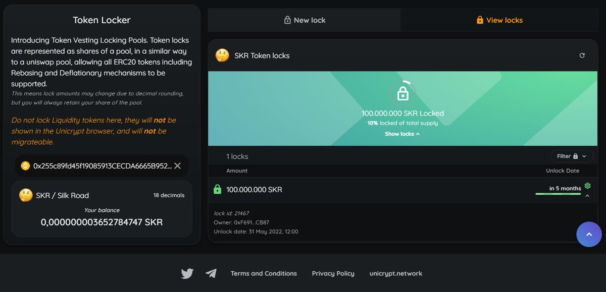 We have made a lock 🔐 of 100000000 investor SKR tokens, lock period 5 months (May 30, 2022).
Key wallet: 0xeaEd594B5926A7D5FBBC61985390BaAf936a6b8d
Key negotiations are still underway with other investors