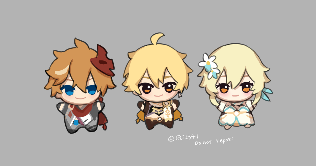 lumine (genshin impact) ,tartaglia (genshin impact) blonde hair 1girl 2boys hair ornament multiple boys hair flower chibi  illustration images