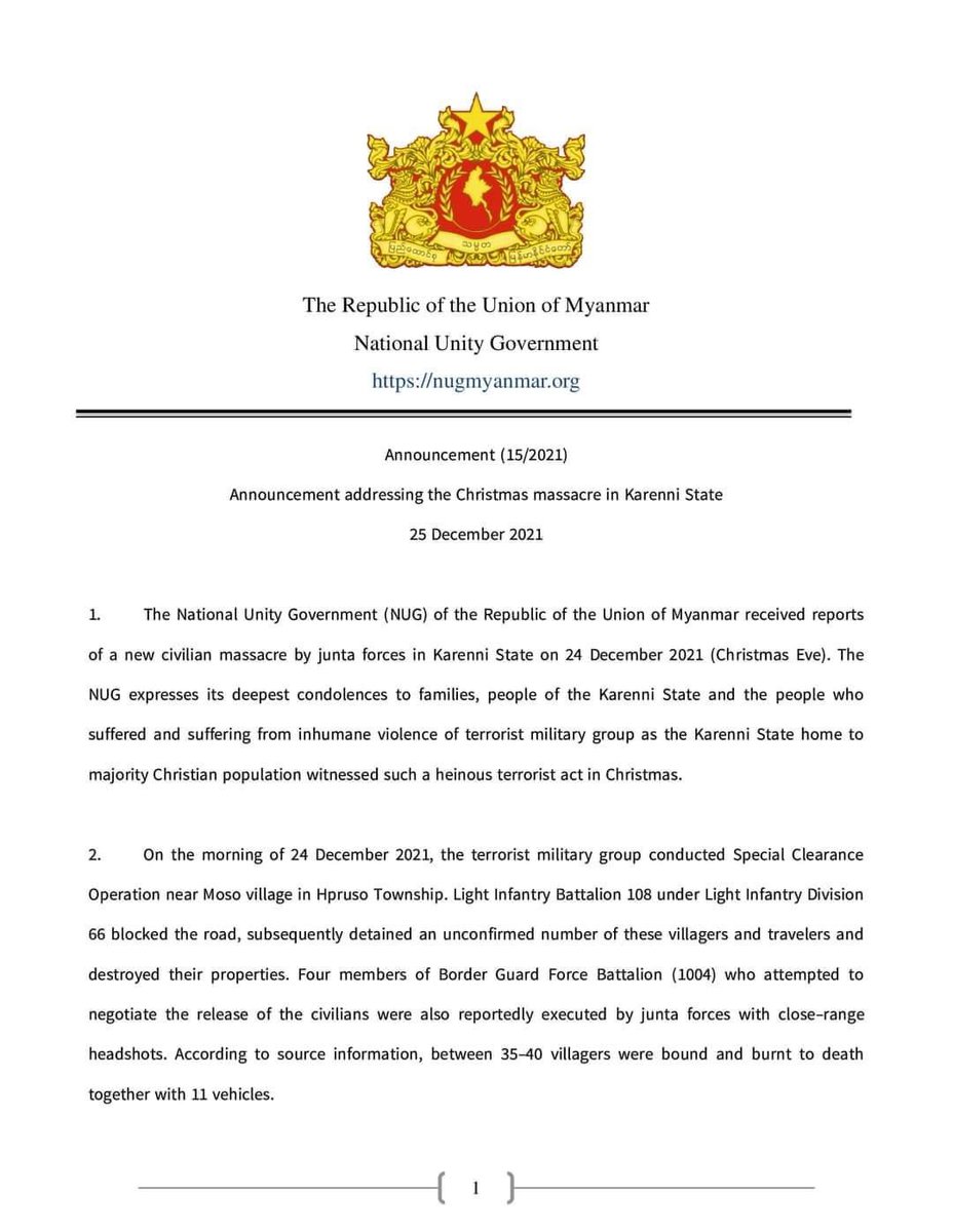 cape_diamond's tweet photo. JUST IN: #Myanmar’s National Unity Government (@NUGMyanmar) issued the announcement addressing the Christmas massacre in #Karenni State on Friday; more than 30 people, including women and children, were killed and their bodies burnt. 

#WhatsHappeningInMyanmar https://t.co/AlEY7ZwIqz