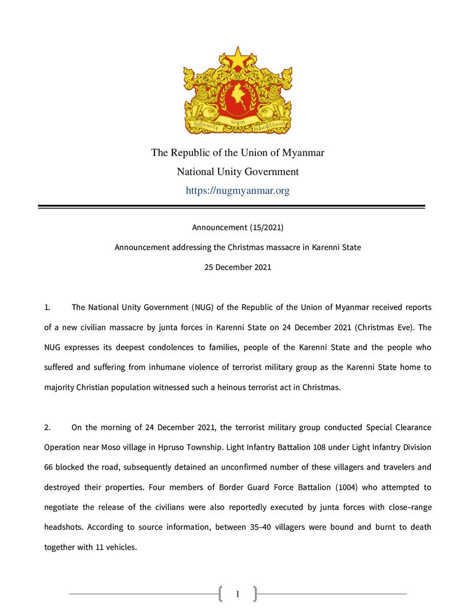 NUGMyanmar's tweet photo. Announcement addressing the Christmas massacre in #Karenni 
"As the world celebrates Christmas , #NUG repeats its demand on international community to act immediately &amp; decisively to end the military junta’s escalating war crimes &amp; crimes against humanity..."
#BurntAliveByJunta https://t.co/1ouNs4Ojkp