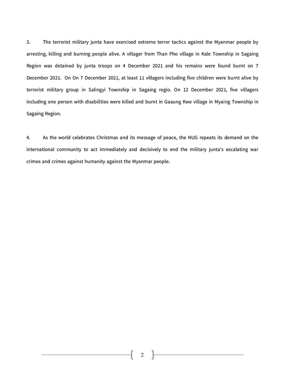Announcement addressing the Christmas massacre in #Karenni 
"As the world celebrates Christmas , #NUG repeats its demand on international community to act immediately &amp; decisively to end the military junta’s escalating war crimes &amp; crimes against humanity..."
#BurntAliveByJunta