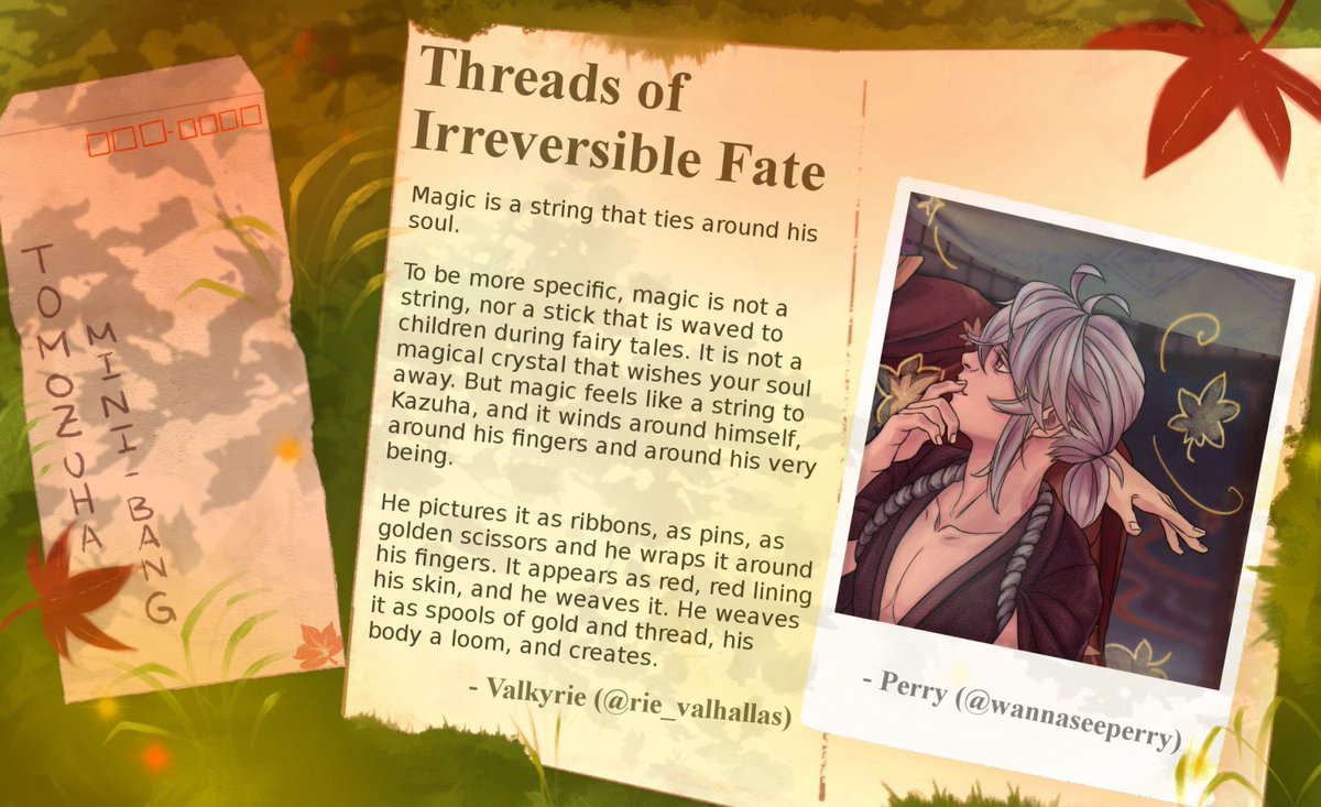 The fanfiction "Threads of Irreversible Fate" has been written by Valkyrie (@rie_valhallas), accompanied with an illustration from Perry (@wannaseeperry). The full pieces will be released on January 9, 2022 so please look forward to it! Thank you for your hard work!