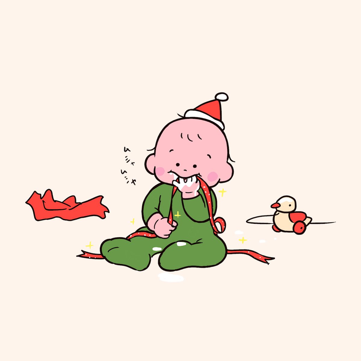 「はじめてのクリスマスプレゼント
紐の方を気にいる🎁✨ 」|たろう(な気分)のイラスト