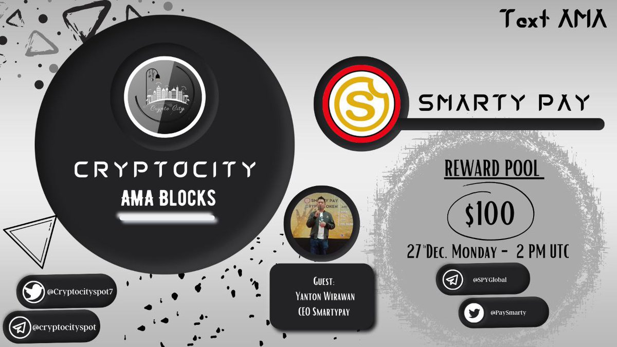 navex_eth's tweet photo. Crypto City is going to hold an AMA with @PaySmarty in @Cryptocityspot7 
Telegram community.
Reward: 
100$
Time: 
December 27th,2021
2PM UTC.
 
Follow 
1. @Cryptocityspot7
2. @PaySmarty
Like , retweet &amp; tag 3 friends https://t.co/YvAJAYNtAV