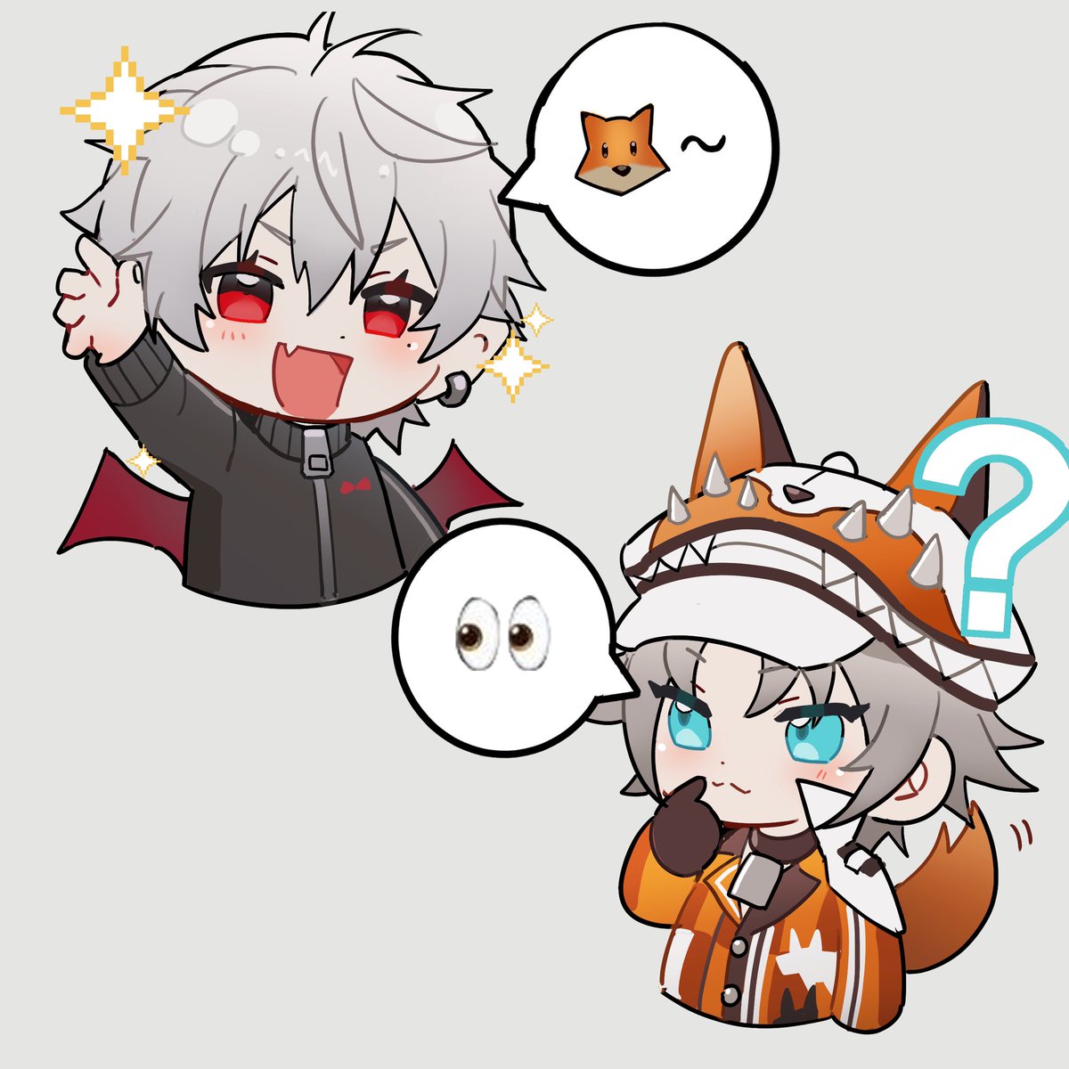 kuzuha (nijisanji) 2boys multiple boys red eyes male focus chibi grey hair jacket  illustration images