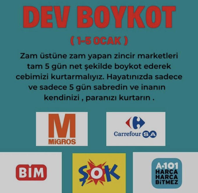 Sibel_Gurler's tweet photo. Zamlar geri çekilsin. 
1-5 Ocak tarihleri arasında bu marketlere gitmiyoruz .. 
Sadece 5 gün ! Ya #indirim ya #boykot https://t.co/TqCVQ47TYT