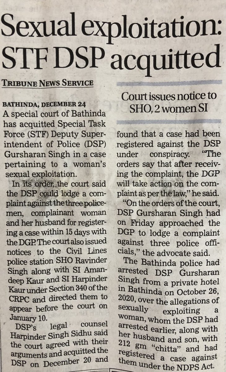sifchandigarh's tweet photo. Special court acquitted STF DSP in a case pertaining to a woman’s sexual exploitation.
Court ordered the DSP to lodge a complaint within 15 days against the policemen including the woman &amp; her husband for registration of case.
Punishment must for law misusers.
#FakeCases
#MenToo https://t.co/VfWhcD035S