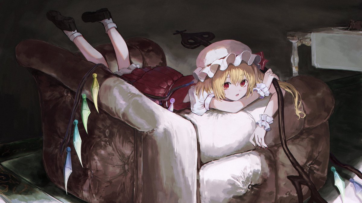 flandre scarlet 1girl solo blonde hair wings hat red eyes lying  illustration images