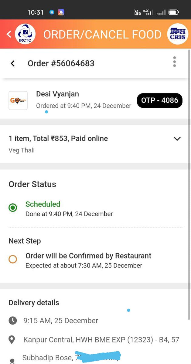 Arijit235's tweet photo. @IRCTCofficial @AshwiniVaishnaw 
We had ordered 6 veg thali's from Kanpur  where the train was supposed to arrive at 9.15.and paid online. In the morning the restaurant called and said the can't deliver the order. From that time we have called in 8239988992 about 7-8 times. https://t.co/s8L4xo5o7I