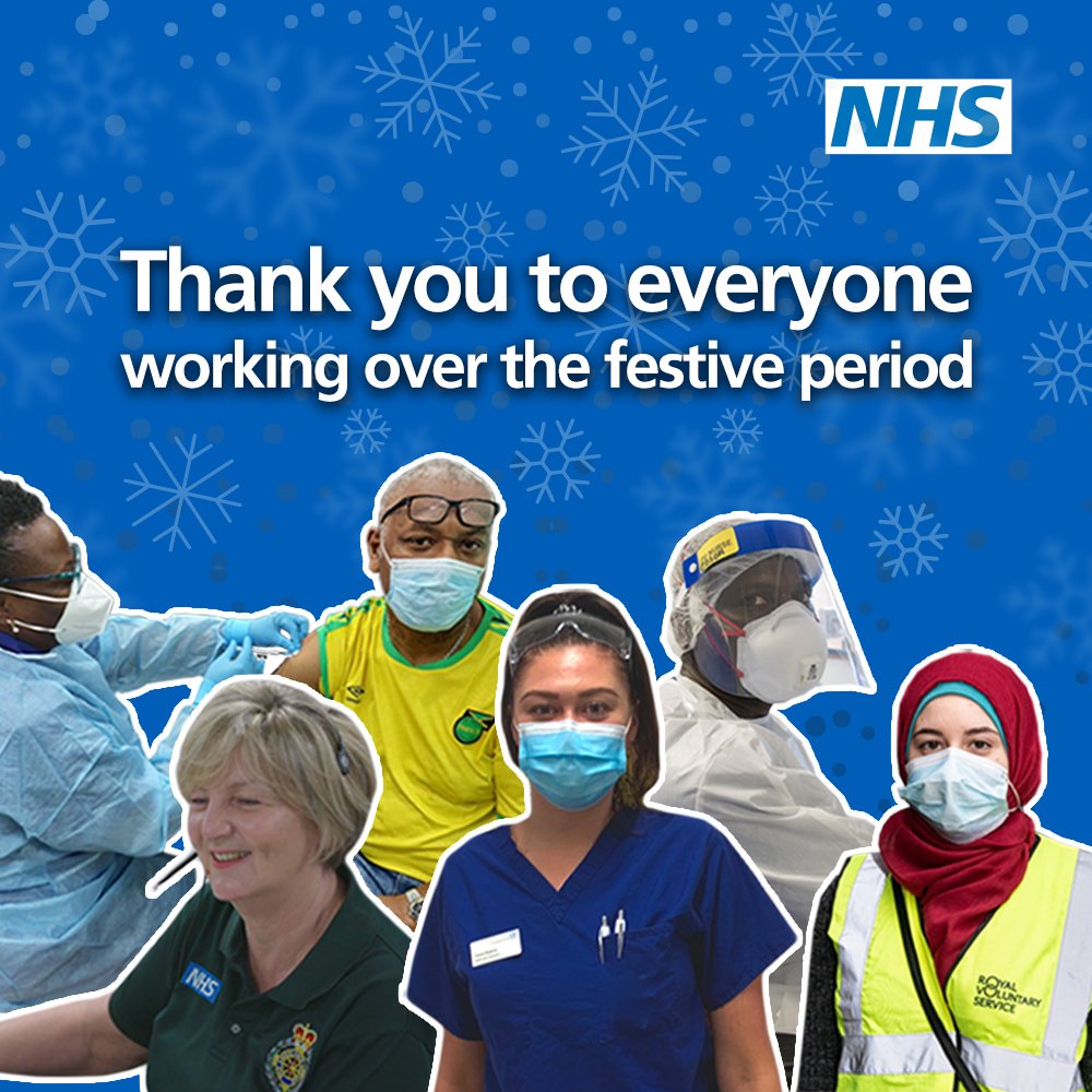 NHSuk's tweet image. From vaccinators to volunteers, porters to paramedics, midwives to mental health practitioners, and all other essential workers — thank you to everyone who is working over the festive period! 💙 #ThankYouNHS