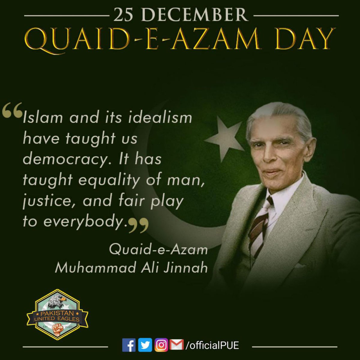 officialPUE's tweet photo. یوں دی ہمیں آذادی کہ دنیا ہوئی حیران۔۔۔
اے قائداعظم تیرا احسان ہے احسان ۔۔۔
Salute to a great Leader 💫
#QuaidsDay
#PakistanUnitedEagles
#PakistanZindabad https://t.co/MyGAoTtS5o