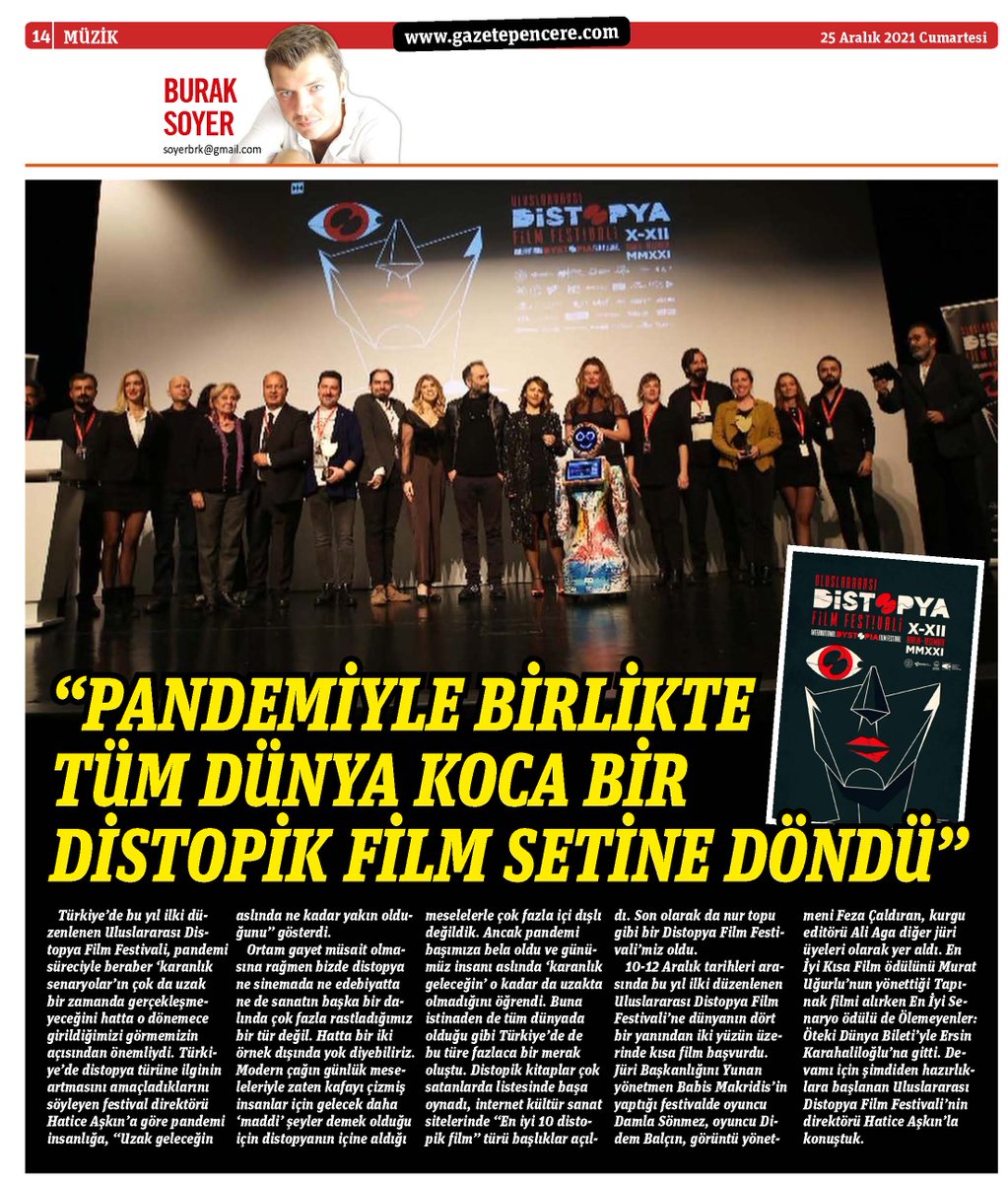 gazetepencere's tweet photo. "Pandemiyle Birlikte Tüm Dünya Koca Bir Distopik Film Setine Döndü"

Burak Soyer, Uluslararası Distopya Film Festivali Direktörü Hatice Aşkın ile konuştu. Bugün Gazete Pencere'de! #BurakSoyer #HaticeAşkın #DistopyaFilmFestivali

(Abone olmak için https://t.co/XJ7dgJ2bM8) https://t.co/yhVArNVOHm