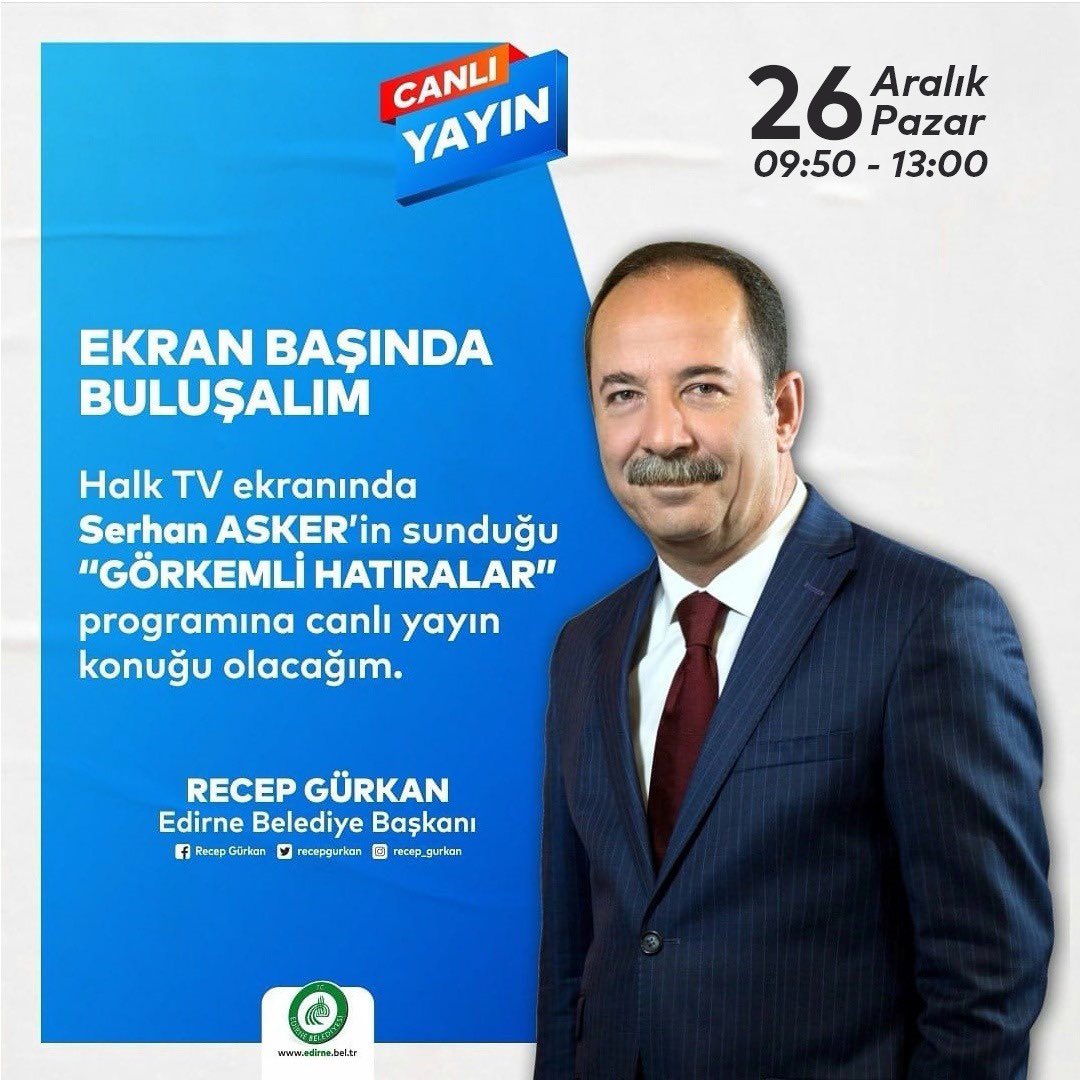 Halk TV ekranlarında Serhan Asker'in sunduğu "Görkemli Hatıralar" programının Gazeteci/Yazar Nebil Özgentürk ve Türk Halk Müziği Sanatçısı Oğuz Aksaç ile birlikte canlı yayın konuğu olacağım.İzlemeniz dileğiyle

📺 Halk TV
🗓 26 Aralık Pazar
🕐 09.50

<a href="/halktvcomtr/">Halk TV</a> 
<a href="/Serhan_Asker/">Serhan Asker</a>