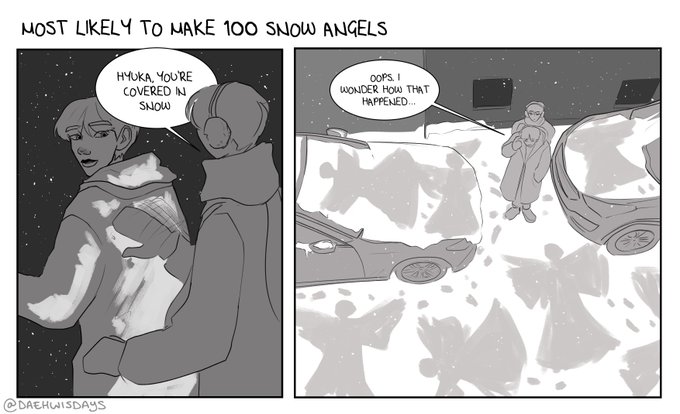 most likely to make 100 snow angels - hueningkai #TOMORROW_X_TOGETHER 