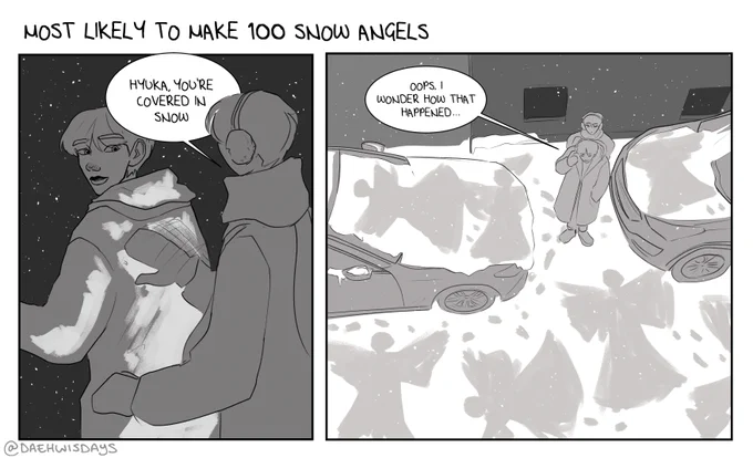 most likely to make 100 snow angels - hueningkai #TOMORROW_X_TOGETHER 